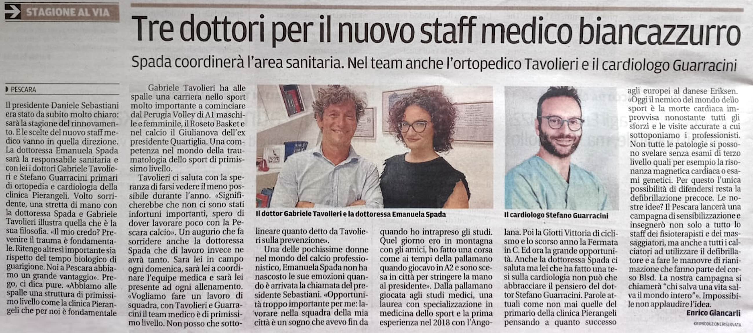 Nuovo incarico del Dr. Tavolieri nello staff medico del PESCARA CALCIO.