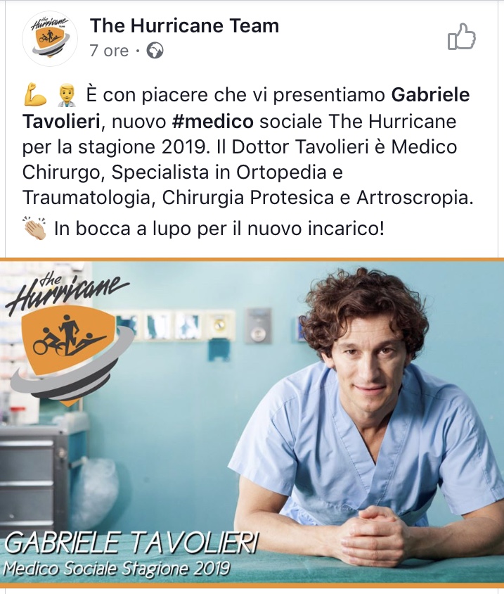 Per la stagione 2019 il Dott. Gabriele Tavolieri è il nuovo Medico Sociale della Polisportiva The Hurricane